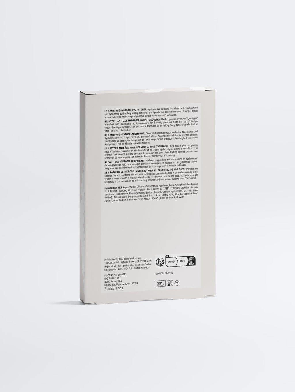 YUTASHA Anti-Age Hydrogel Eye Patches white product box back view with ingredient list and usage instructions