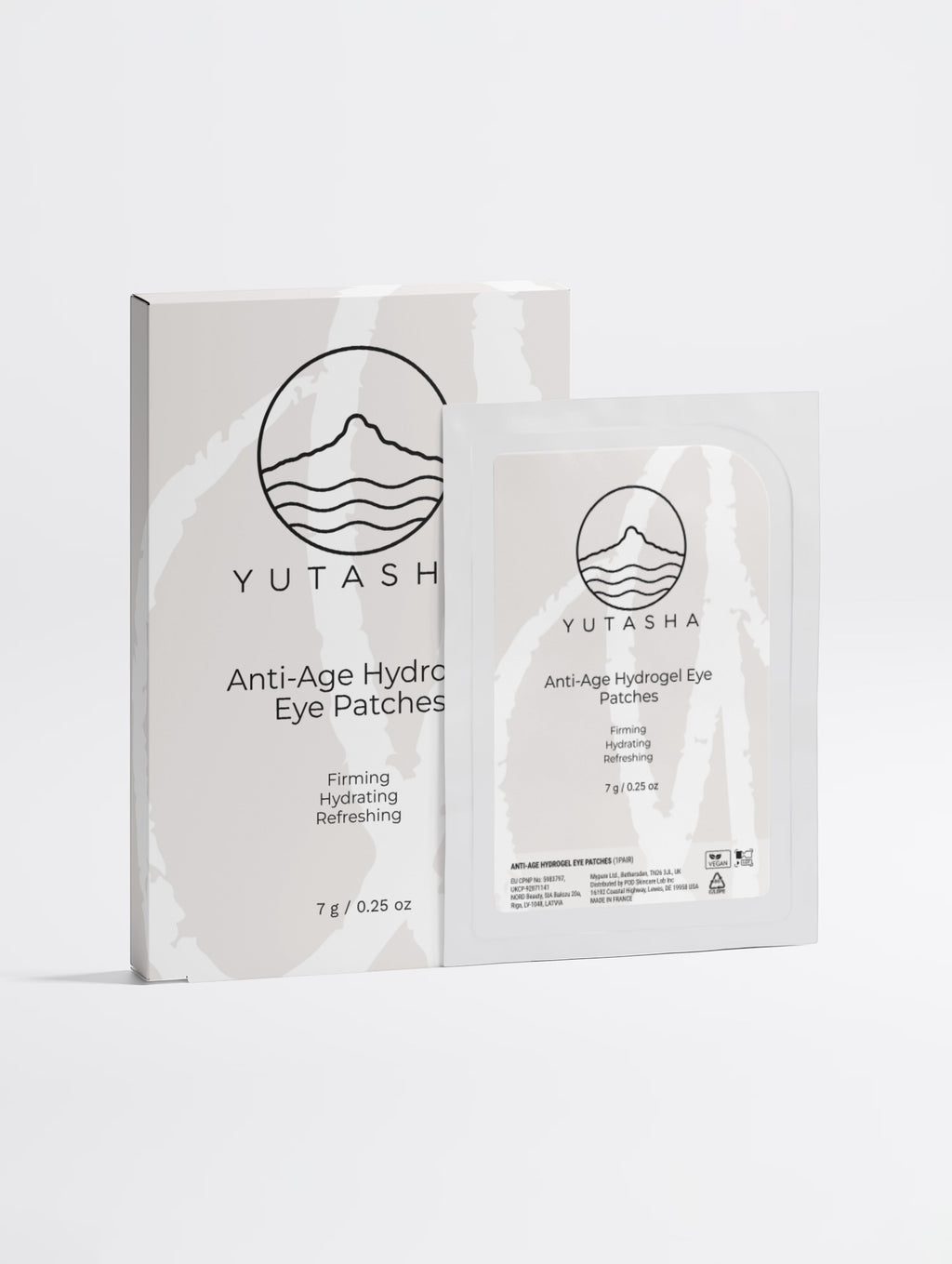 YUTASHA anti-age hydrogel eye patches in white packaging with firming and hydrating formula for all skin types