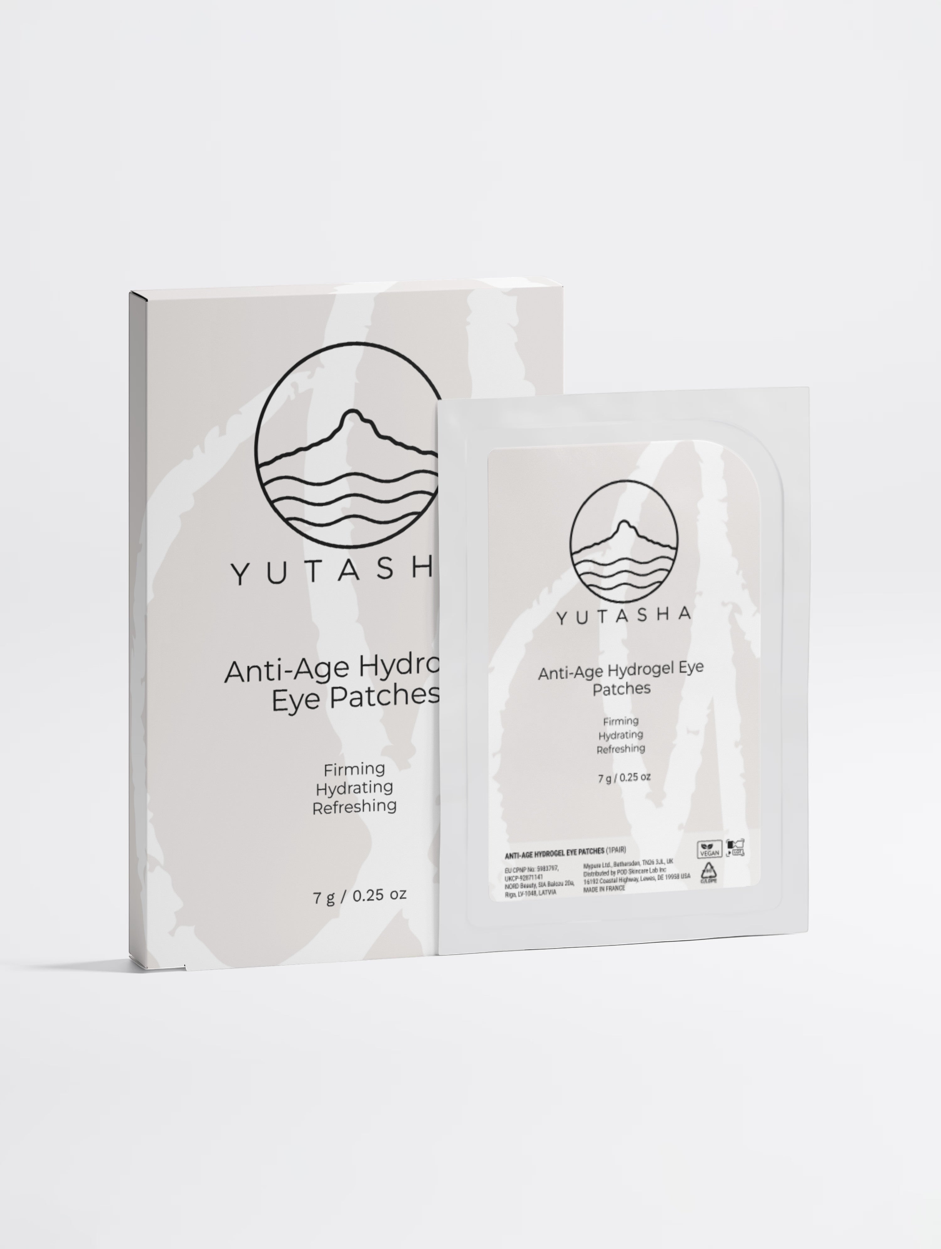 YUTASHA anti-age hydrogel eye patches in white packaging with firming and hydrating formula for all skin types