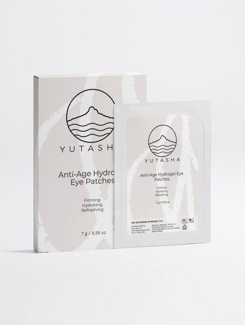 YUTASHA anti-age hydrogel eye patches in white packaging with firming and hydrating formula for all skin types