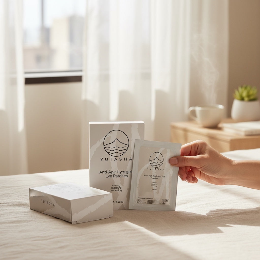 YUTASHA anti-age hydrogel eye patches in white packaging with gold accents held by a hand in a bright bedroom setting
