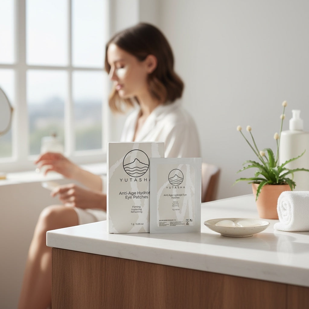 YUTASHA Anti-Age Hydrogel Eye Patches packaging on a white bathroom counter with a woman in the blurred background.