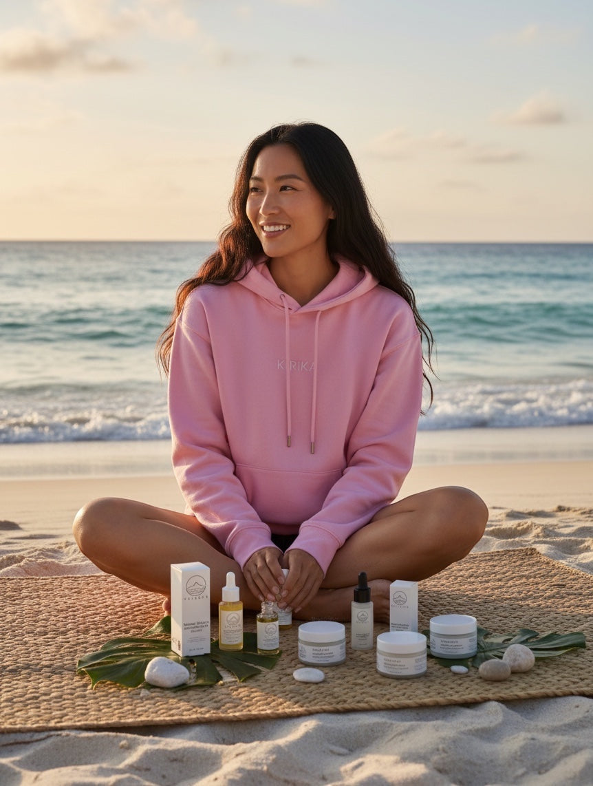 YUTASHA Bakuchi Renewal Serum and skincare collection displayed on a beach mat with a smiling woman in a pink hoodie.