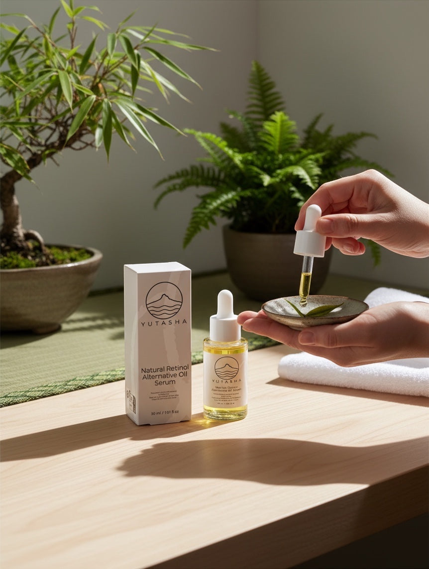 YUTASHA Bakuchi Renewal Serum bottle and box on a wooden table with a hand holding a dropper over a small dish.