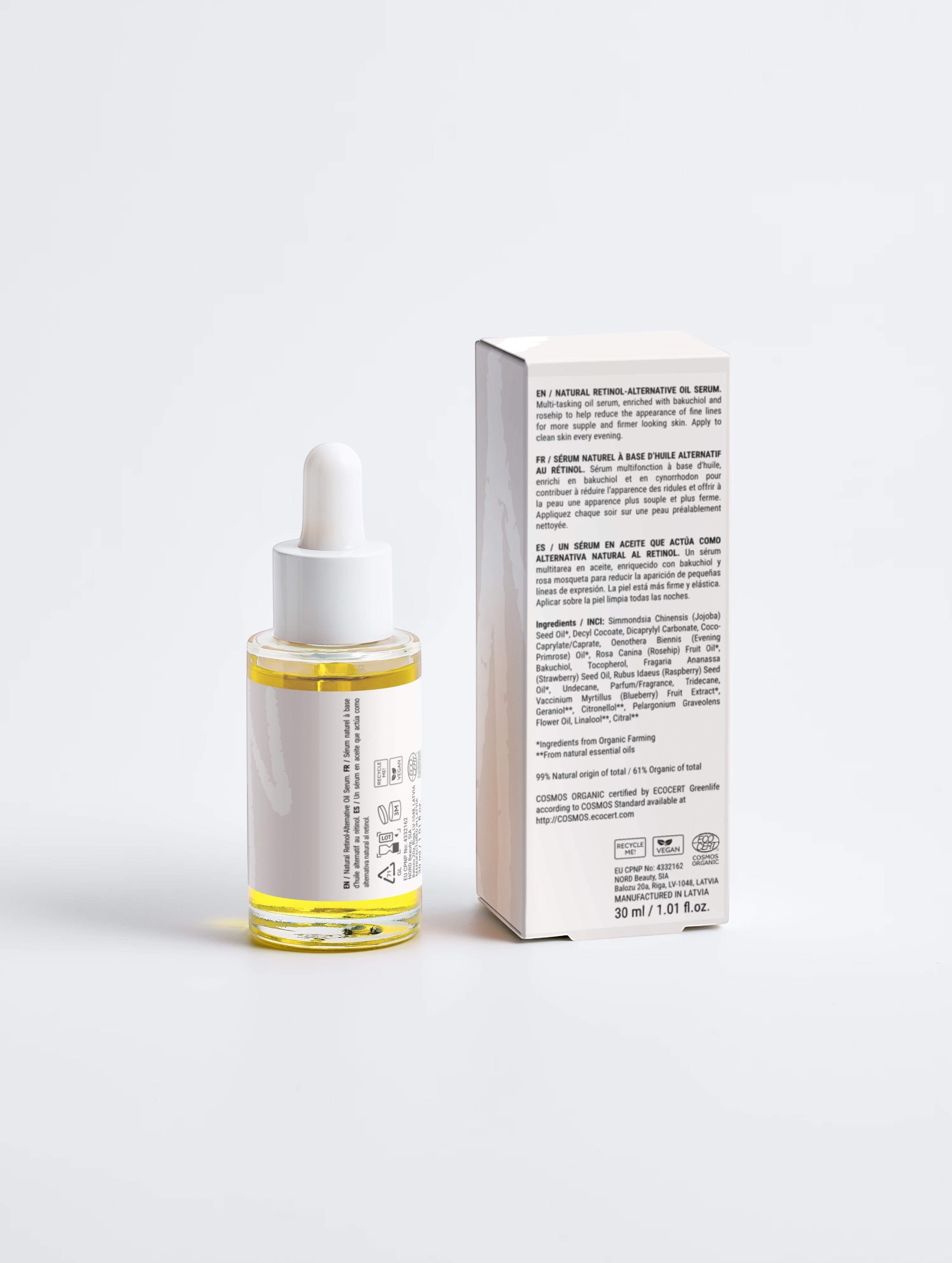 YUTASHA Bakuchi Renewal Serum bottle and white product box featuring botanical oil ingredients on a clean background.