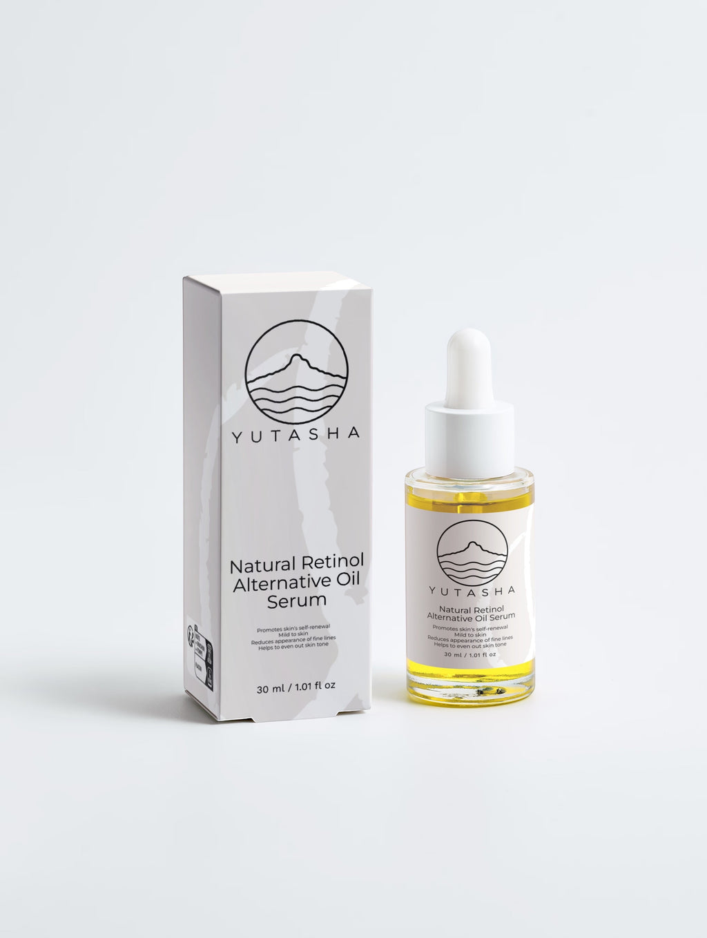 YUTASHA Bakuchi Renewal Serum bottle and white box packaging featuring minimalist branding on a light grey background.