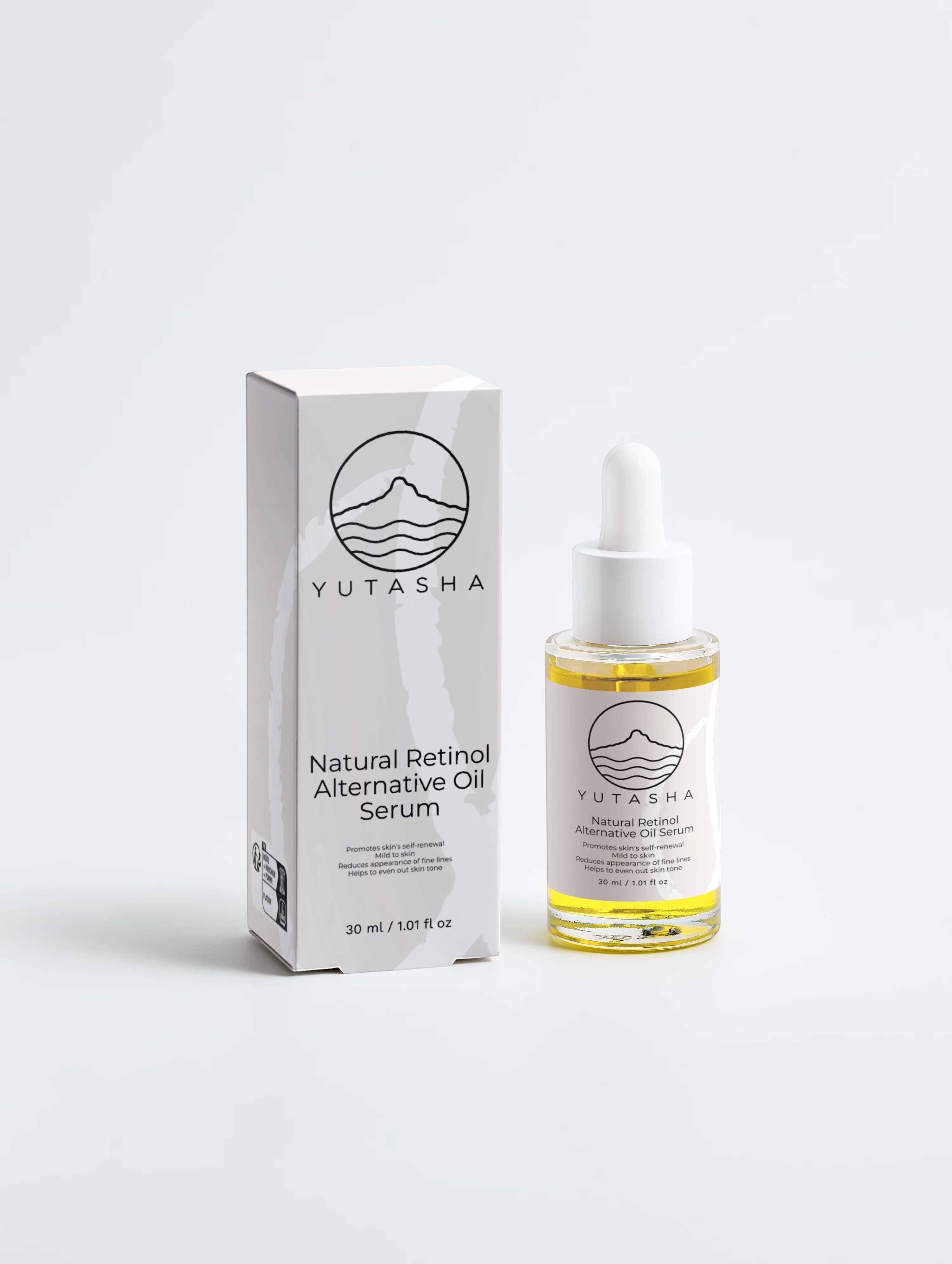 YUTASHA Bakuchi Renewal Serum bottle and white box packaging featuring minimalist branding on a light grey background.
