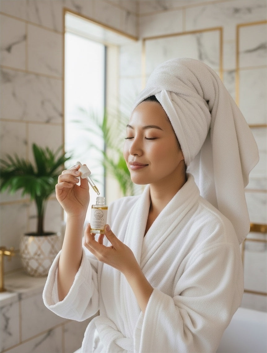 A woman in a white robe and hair towel using YUTASHA Bakuchi Renewal Serum with a dropper in a bright marble bathroom.
