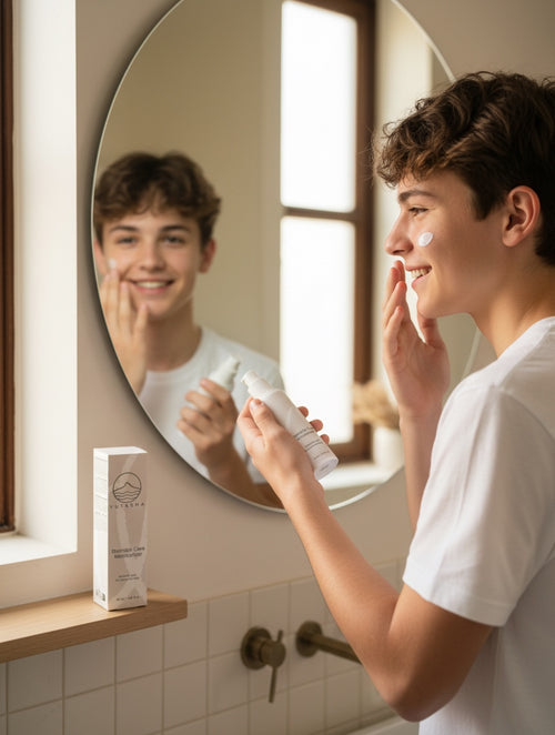 YUTASHA Blemish Care Moisturiser applied by a smiling young man in a bathroom mirror for acne-prone skin