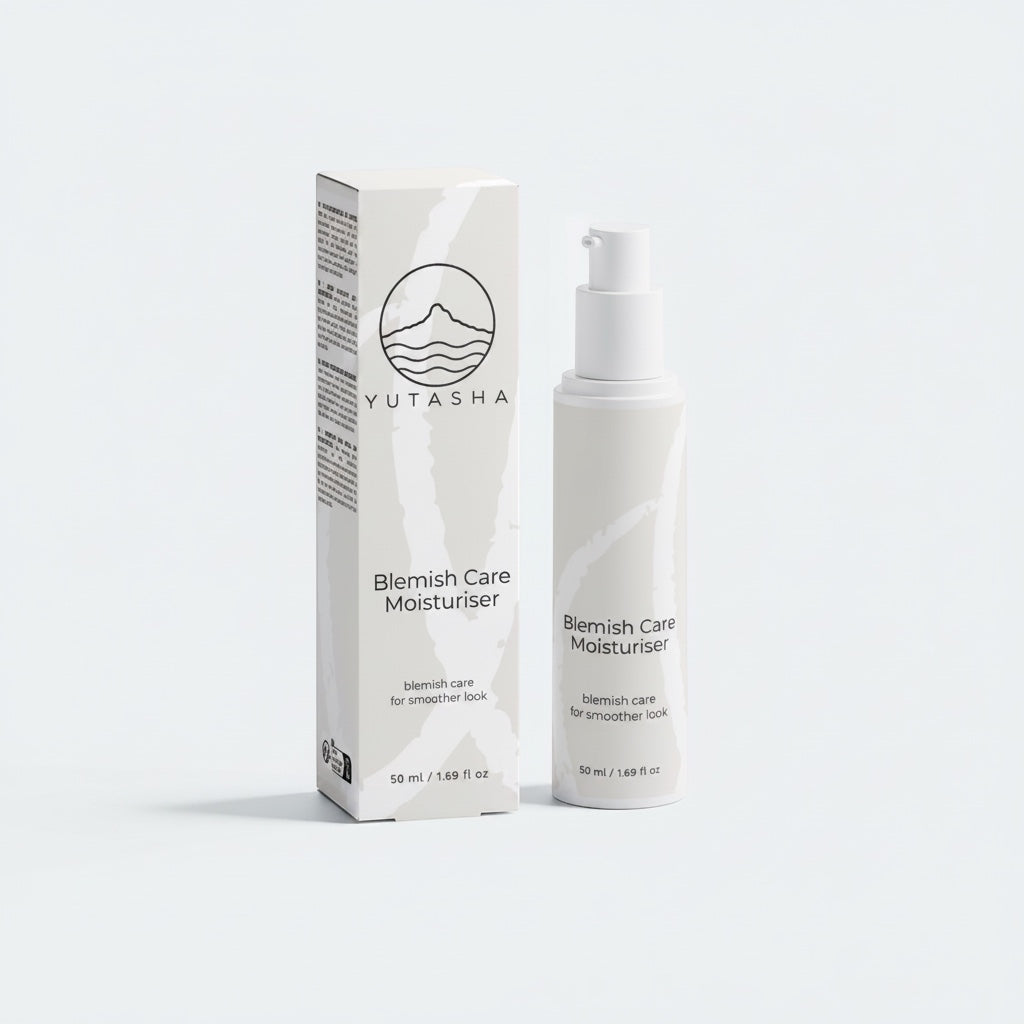 YUTASHA Blemish Care Moisturiser in a white pump bottle and matching carton box for acne-prone skin