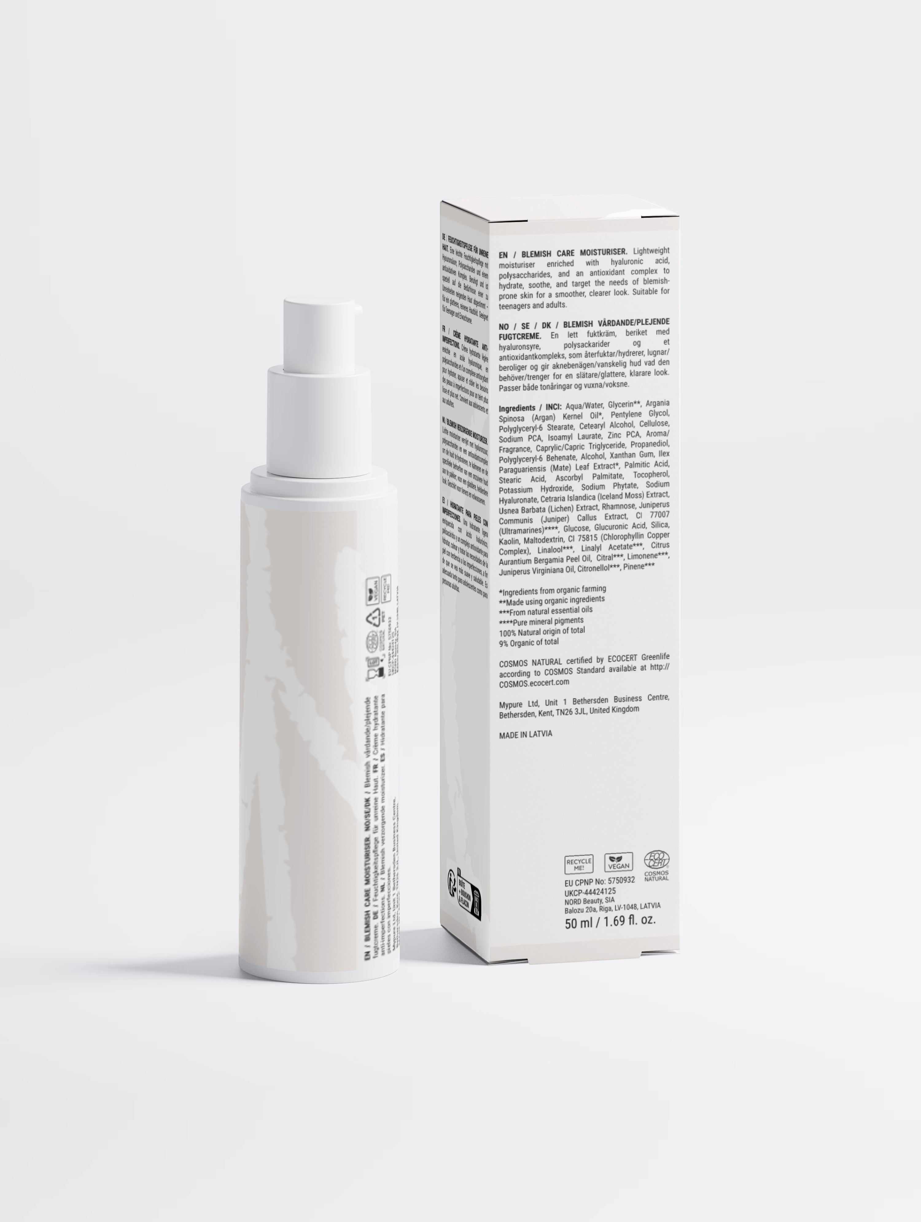YUTASHA Blemish Care Moisturiser in a white pump bottle with its matching product box on a clean white background.