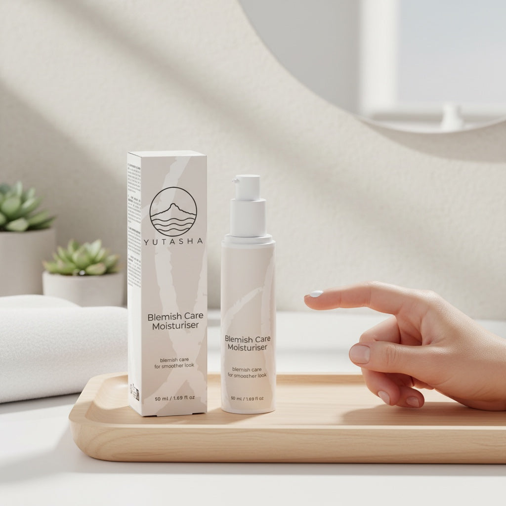 YUTASHA Blemish Care Moisturiser bottle and box on a wooden tray with a hand applying a small amount of cream.