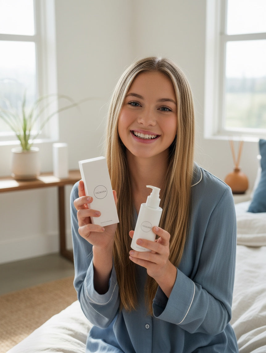 A smiling young woman holding YUTASHA Blemish Care Moisturiser bottle and box in a bright, minimalist bedroom setting.