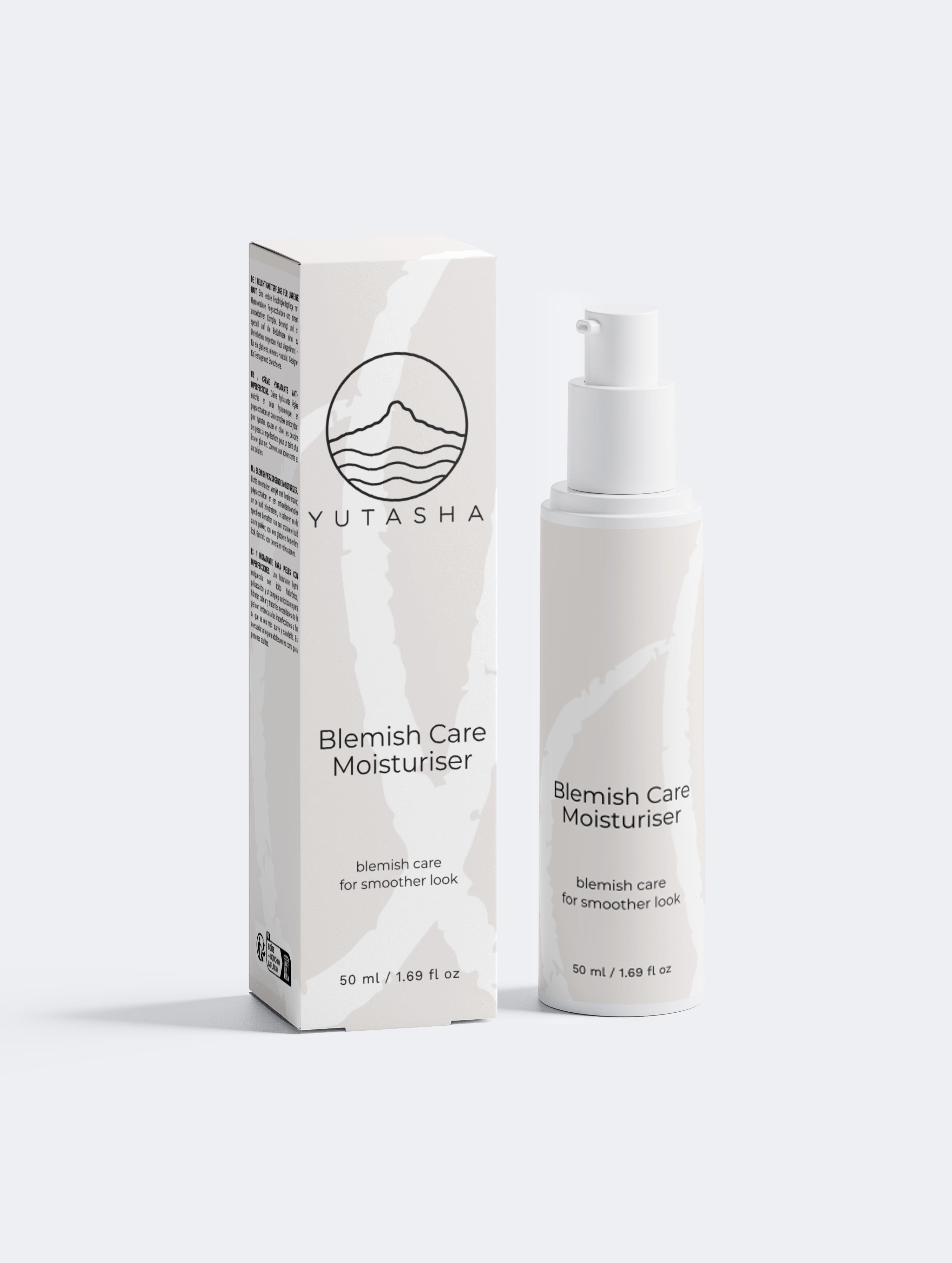 YUTASHA Blemish Care Moisturiser in a white pump bottle and matching carton box for acne-prone skin care.