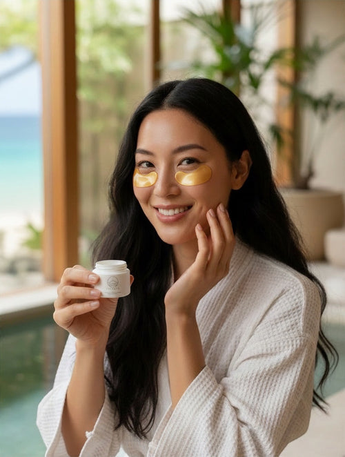 YUTASHA anti-age hydrogel eye patches applied on a smiling woman wearing a white robe in a bright spa setting