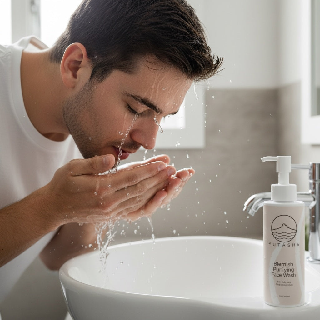 Man washing face with YUTASHA Kai Purifying Face Wash in a bright bathroom, featuring the product bottle on the sink.