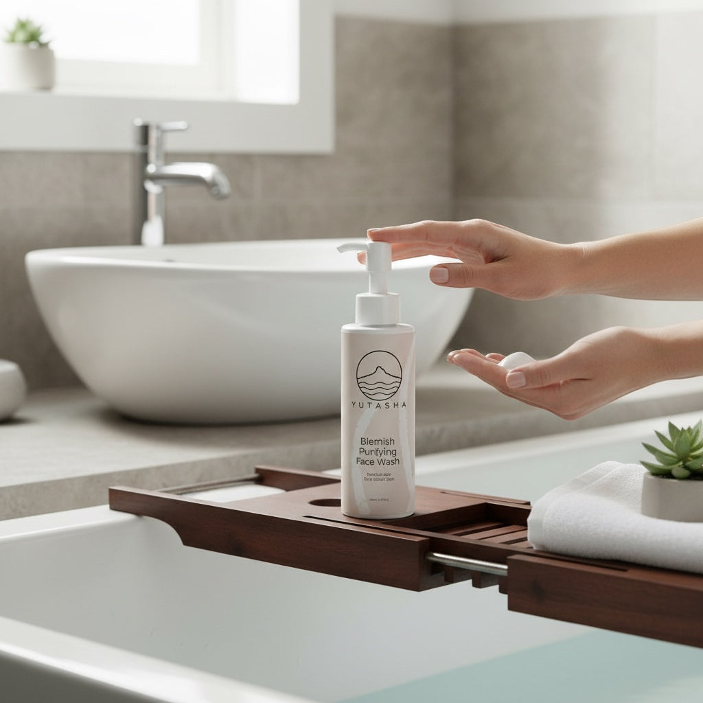 YUTASHA Kai Purifying Face Wash in a white pump bottle being dispensed by hand over a wooden bathtub tray.