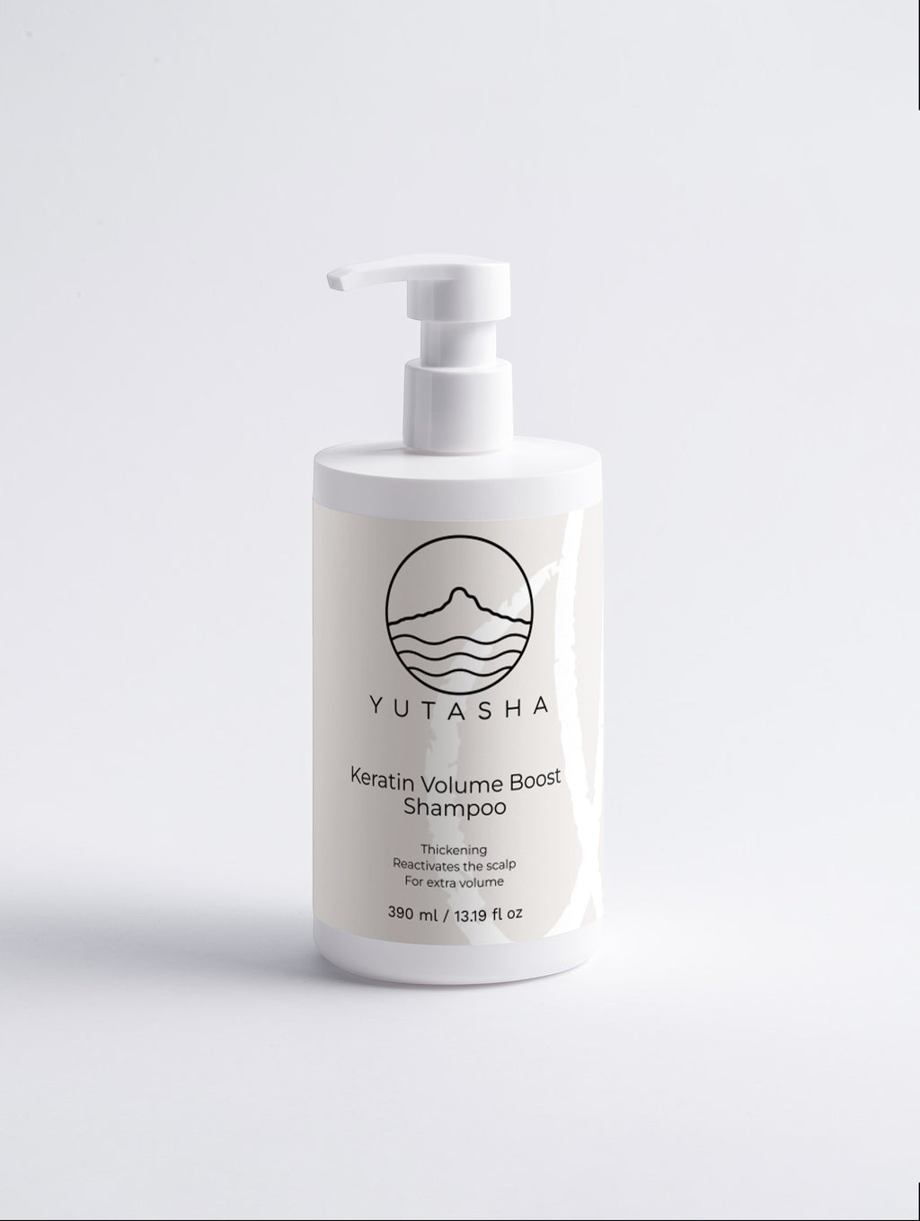 YUTASHA Keratin Volume Boost Shampoo in a white pump bottle for hair thickening and scalp reactivation