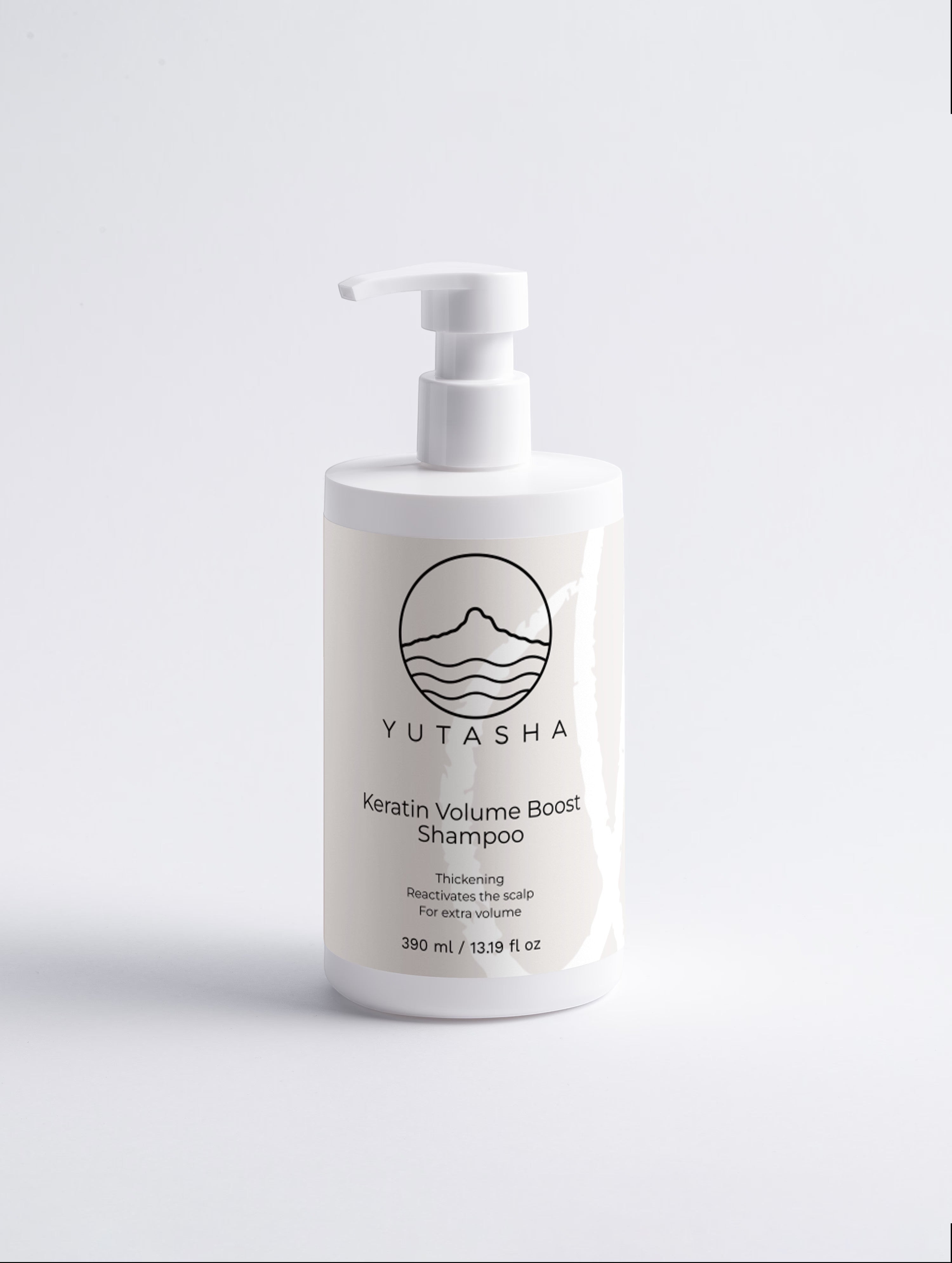 YUTASHA Keratin Volume Boost Shampoo in a white pump bottle for hair thickening and scalp reactivation