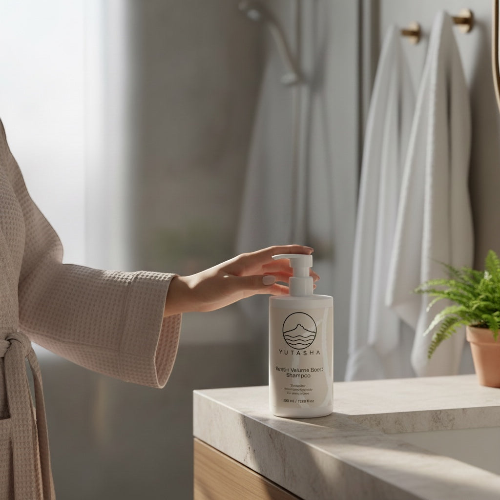 YUTASHA Keratin Volume Boost Shampoo in a white pump bottle on a bathroom counter with a person reaching for it.