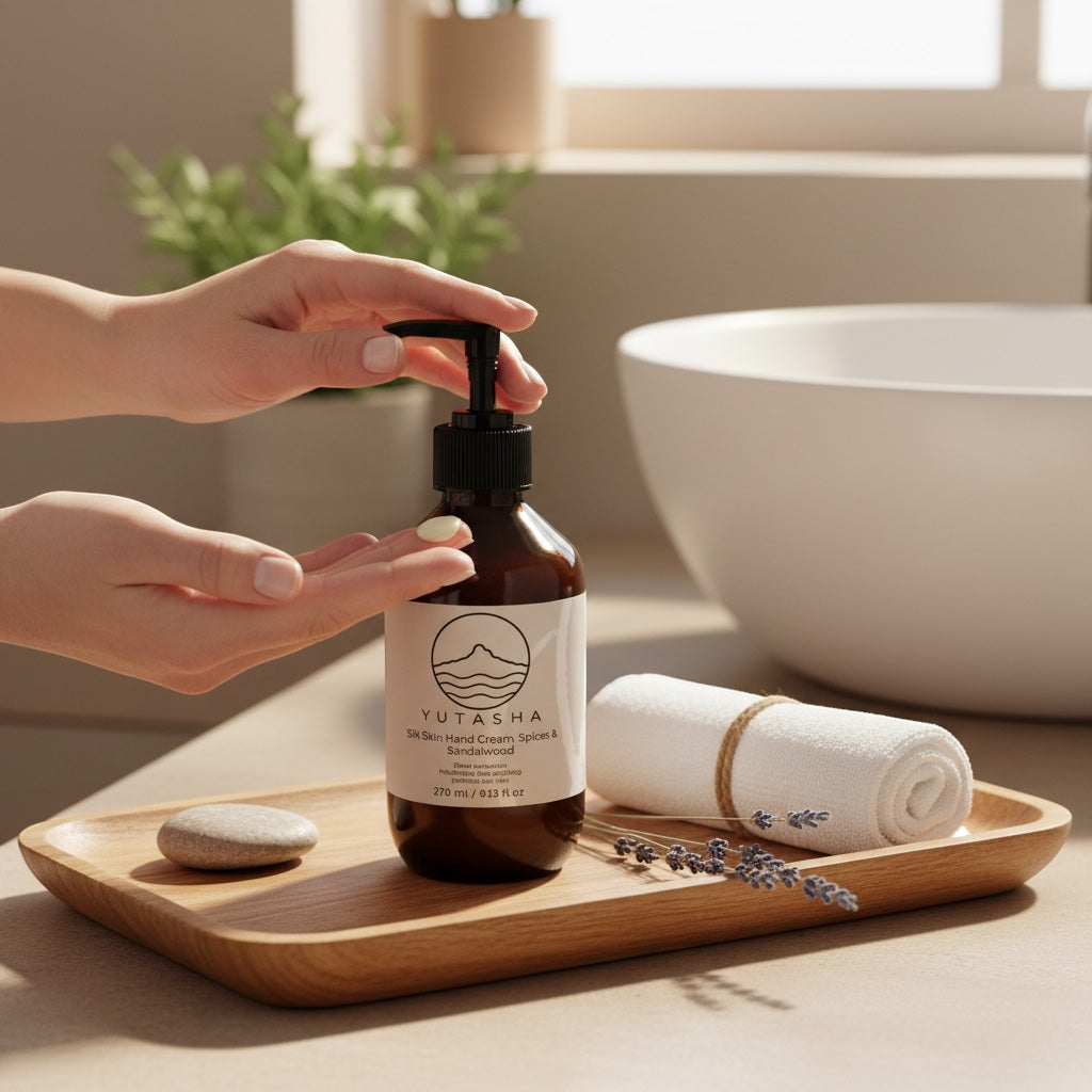 YUTASHA Kinuhada hand cream in an amber pump bottle on a wooden tray with a small towel and lavender sprig