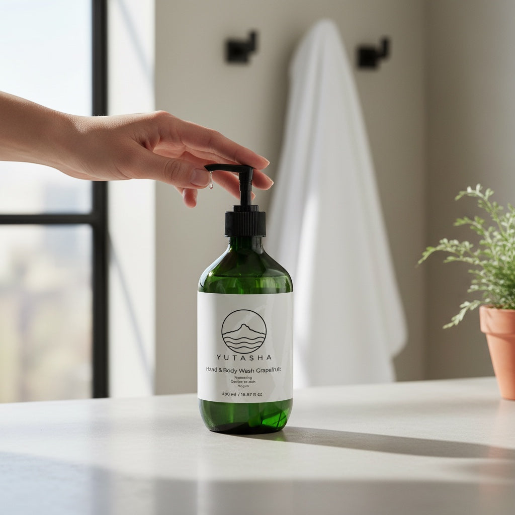 YUTASHA Natsu grapefruit hand and body wash in a green glass bottle with a black pump dispenser on a bathroom counter.