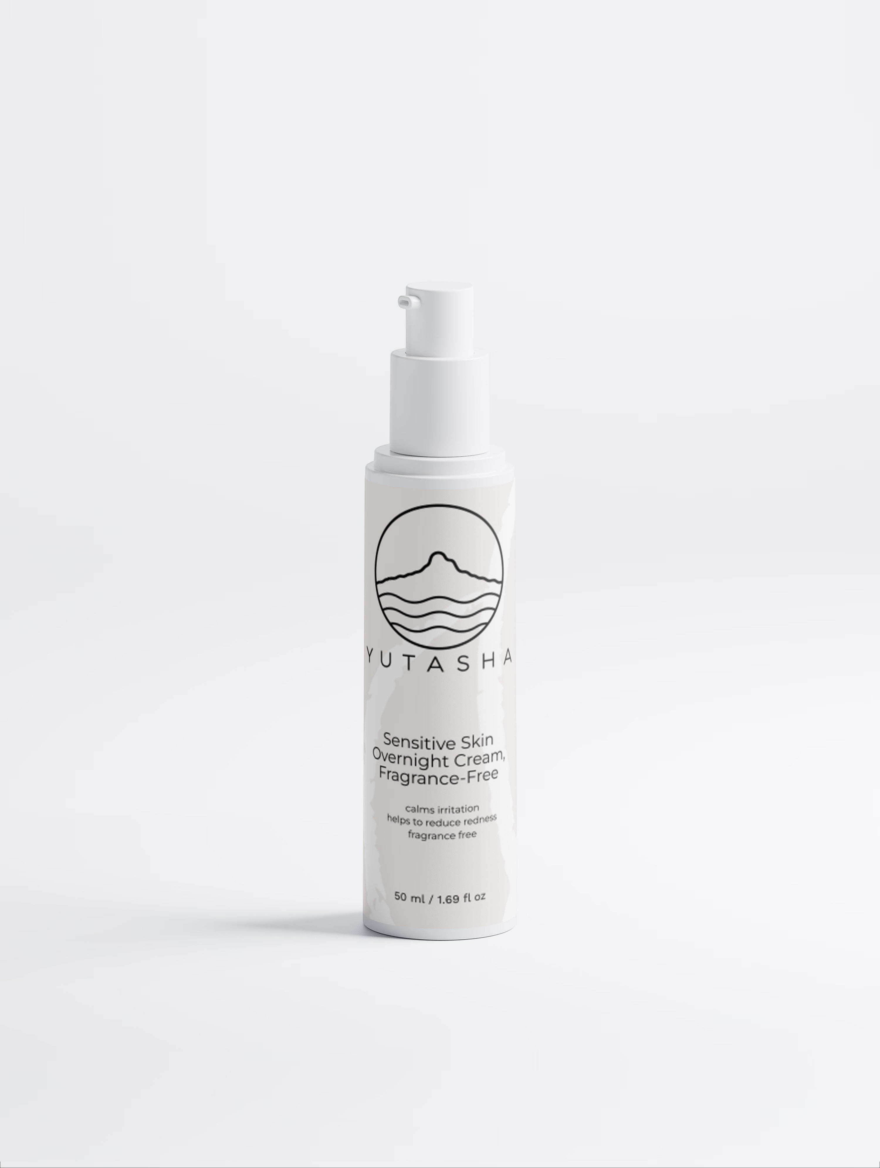 YUTASHA Sensitive Skin Overnight Cream in a white pump bottle, fragrance-free formula for calming redness.