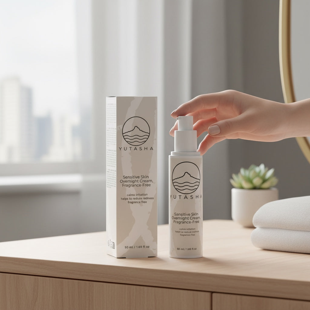 YUTASHA Sensitive Skin Overnight Cream in a white pump bottle and box on a wooden vanity, fragrance-free formula.