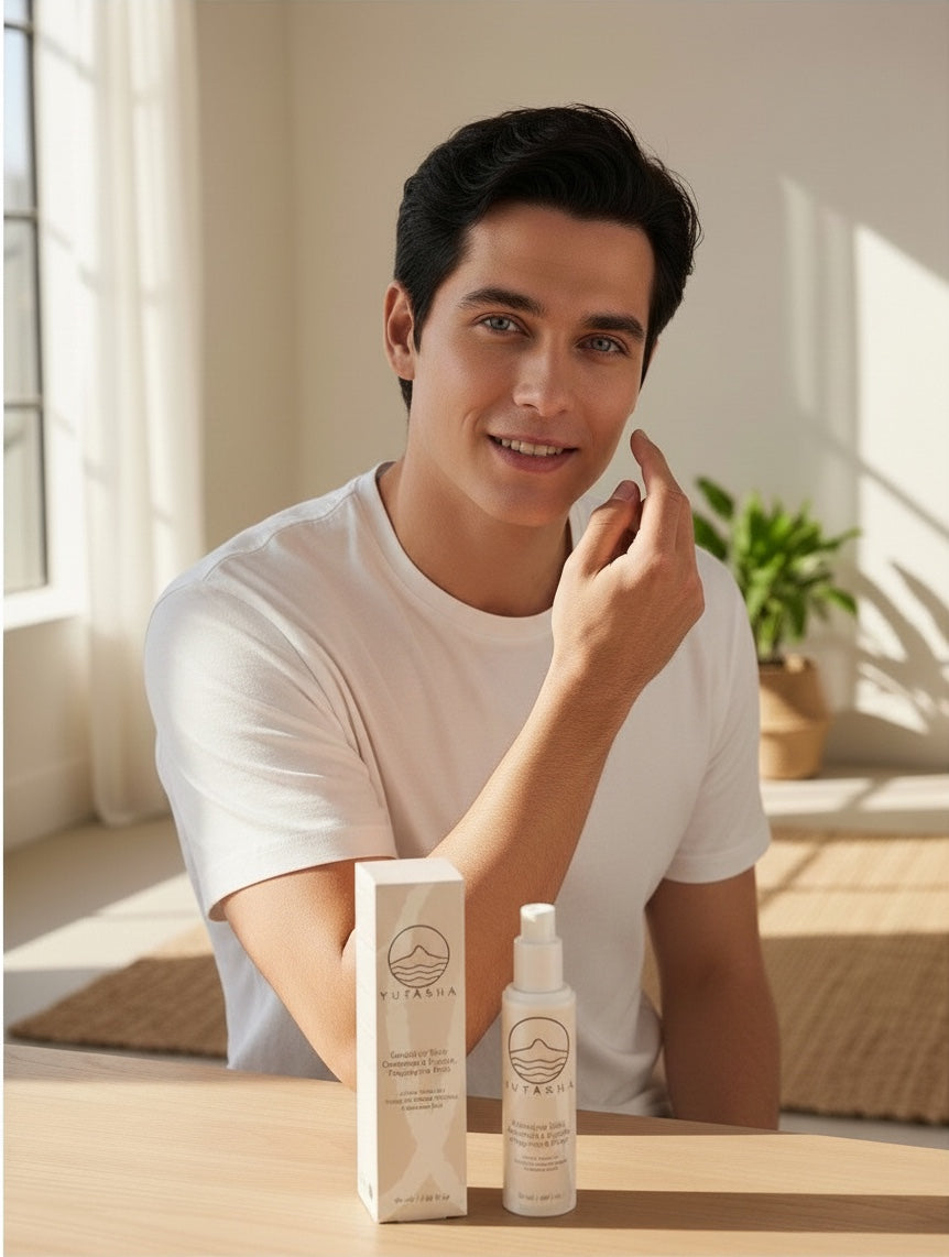 YUTASHA sensitive skin overnight cream in white packaging with a smiling man applying it to his cheek