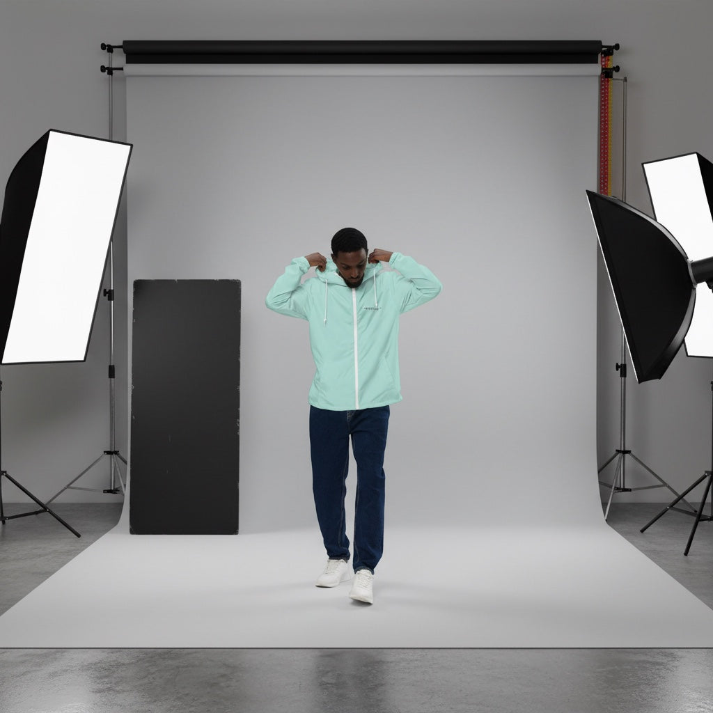 A man wearing a YUTASHA Toshie light mint green windbreaker with a hood in a professional studio setting.