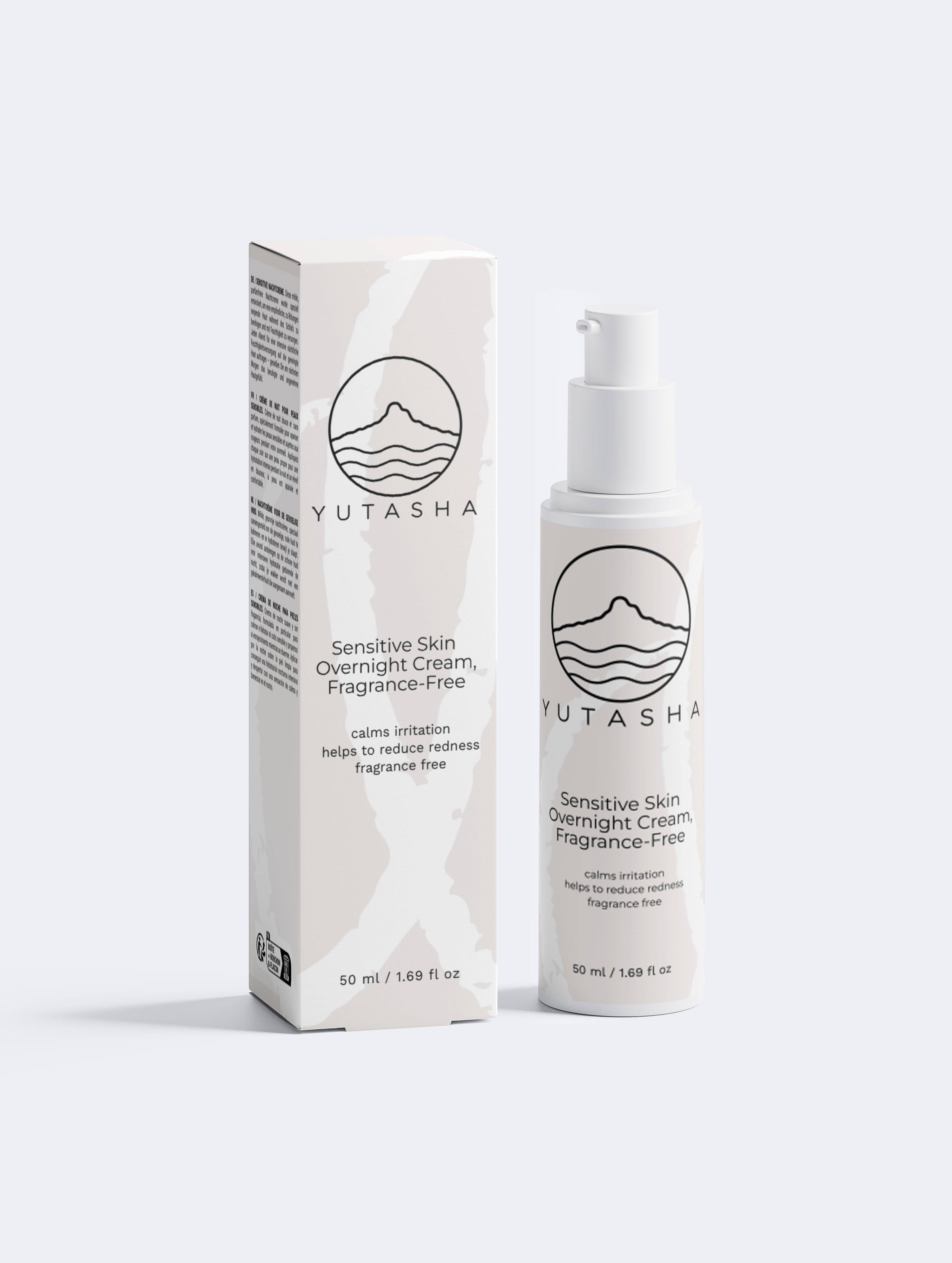 YUTASHA Yasuragi fragrance-free night cream bottle and box for sensitive skin with minimalist white packaging