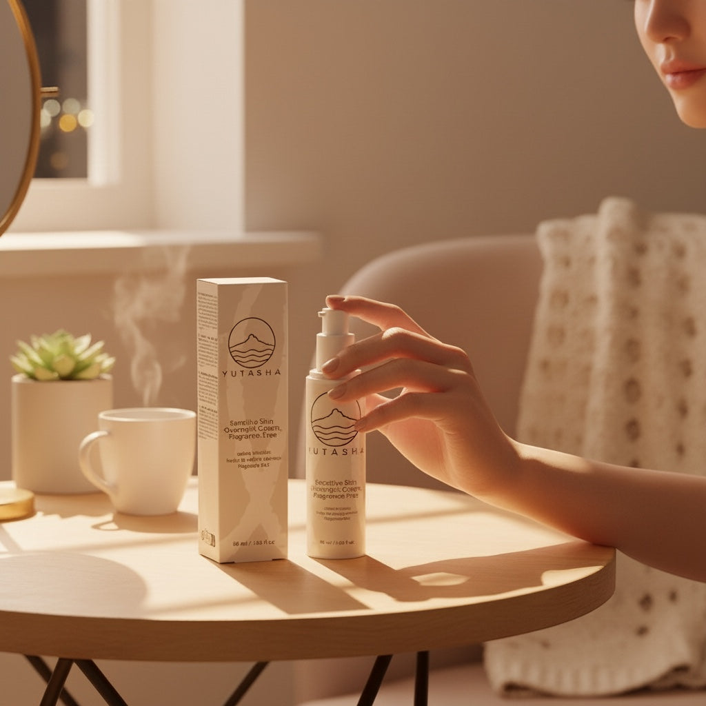 YUTASHA Yasuragi Night Cream bottle and box on a wooden table with a steaming cup, promoting calm skincare.