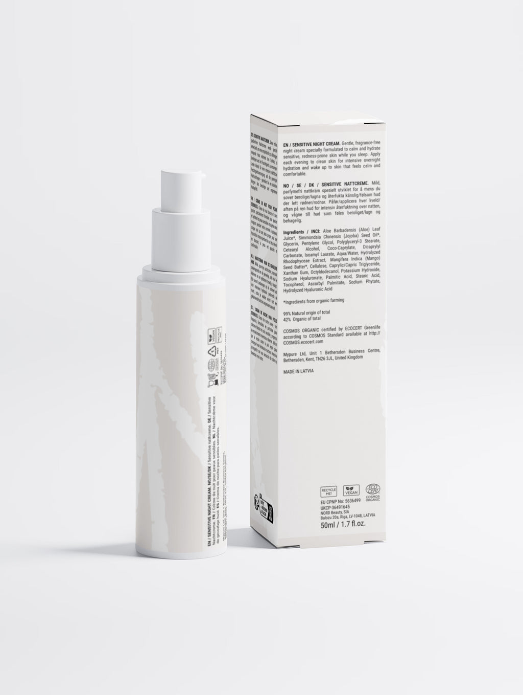 YUTASHA Yasuragi Night Cream bottle and packaging box featuring white minimalist design for sensitive skin