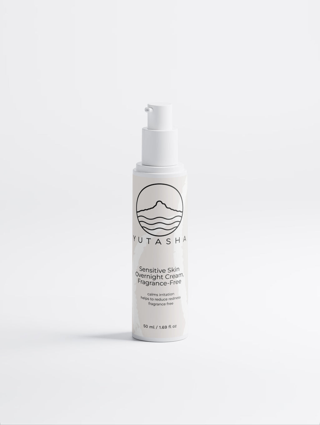 YUTASHA Yasuragi fragrance-free night cream in a white pump bottle for sensitive skin hydration and redness relief.